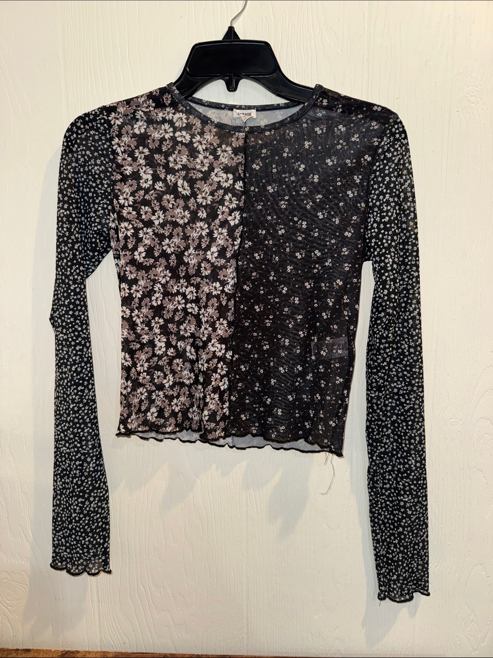 Garage Black Sheer Floral Patchwork Long-Sleeve Top
